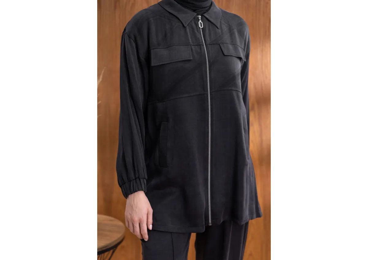 CEP KAPAKLI ÖNÜ FERMUARLI PANTOLONLU TAKIM - SİYAH - (Asorti: M-XXL)