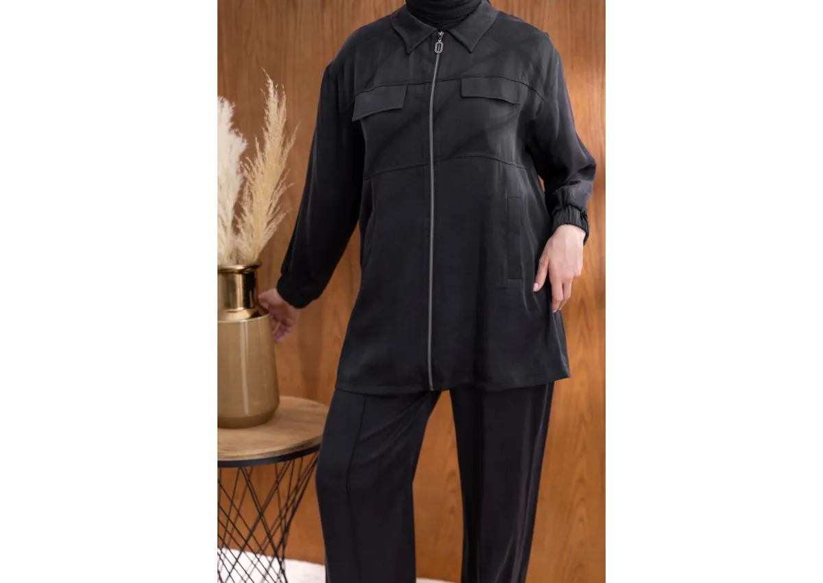 CEP KAPAKLI ÖNÜ FERMUARLI PANTOLONLU TAKIM - SİYAH - (Asorti: M-XXL)