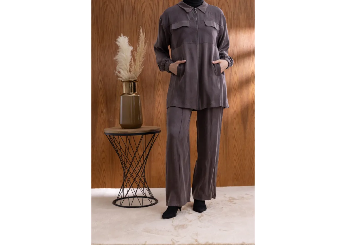 CEP KAPAKLI ÖNÜ FERMUARLI PANTOLONLU TAKIM - KAHVE - (Asorti: M-XXL)