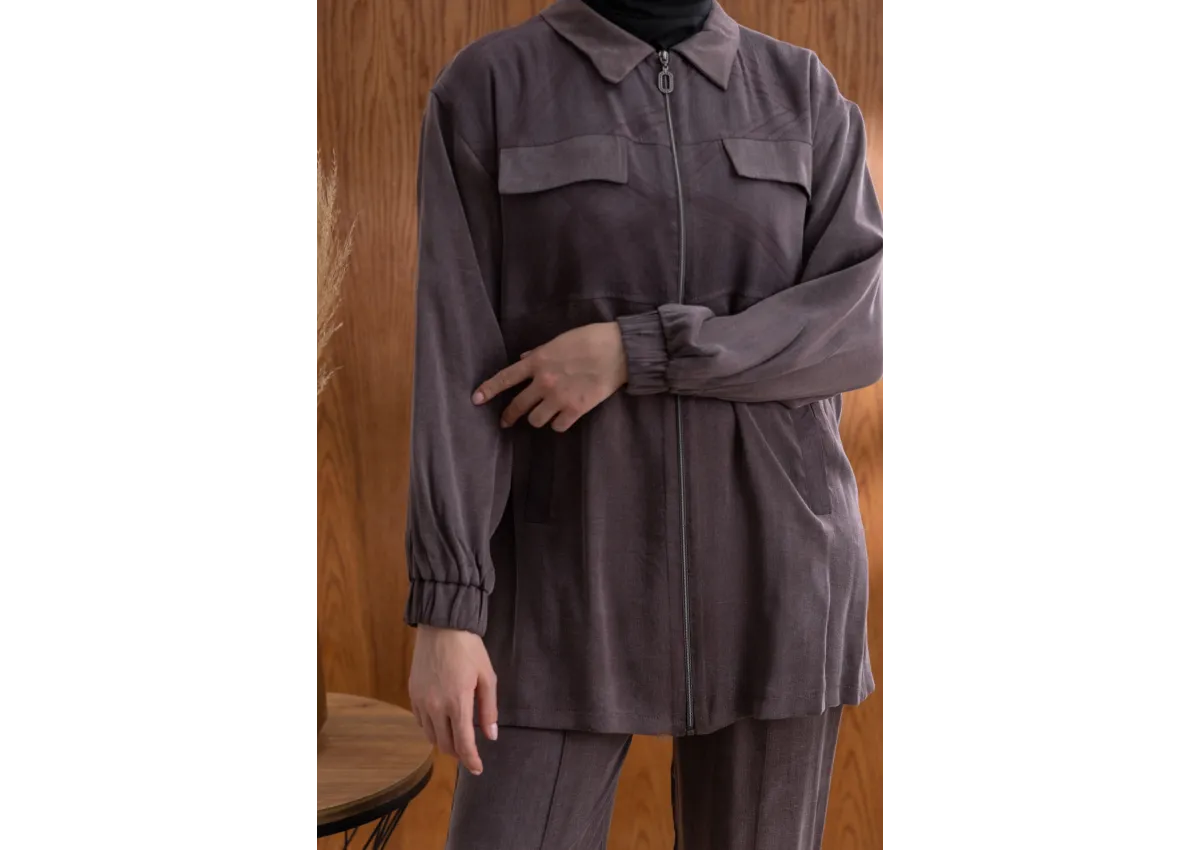 CEP KAPAKLI ÖNÜ FERMUARLI PANTOLONLU TAKIM - KAHVE - (Asorti: M-XXL)