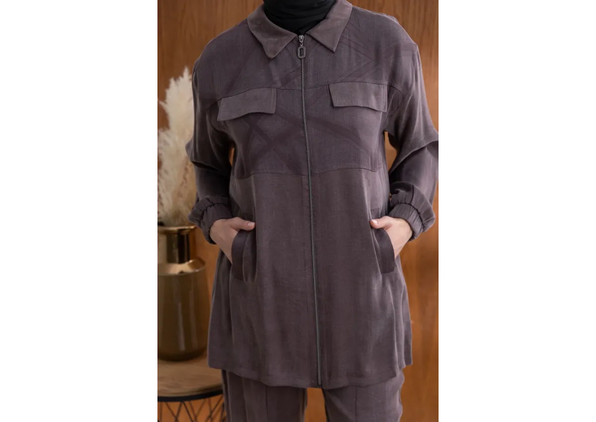 CEP KAPAKLI ÖNÜ FERMUARLI PANTOLONLU TAKIM - KAHVE - (Asorti: M-XXL)