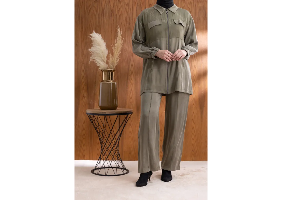 CEP KAPAKLI ÖNÜ FERMUARLI PANTOLONLU TAKIM - HAKİ - (Asorti: M-XXL)