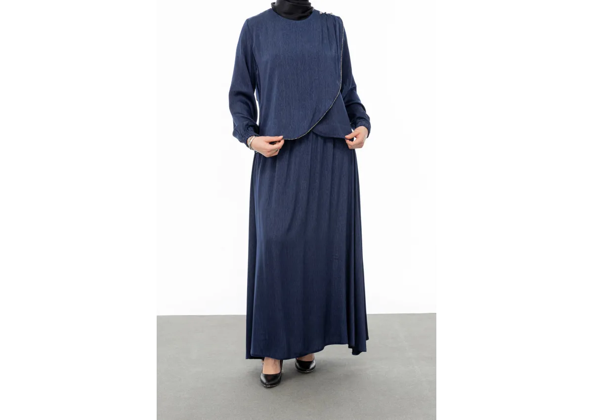 TAŞ BİYE DETAYLI ETEK TAKIM - LACİVERT - (Asorti: M-XXL)