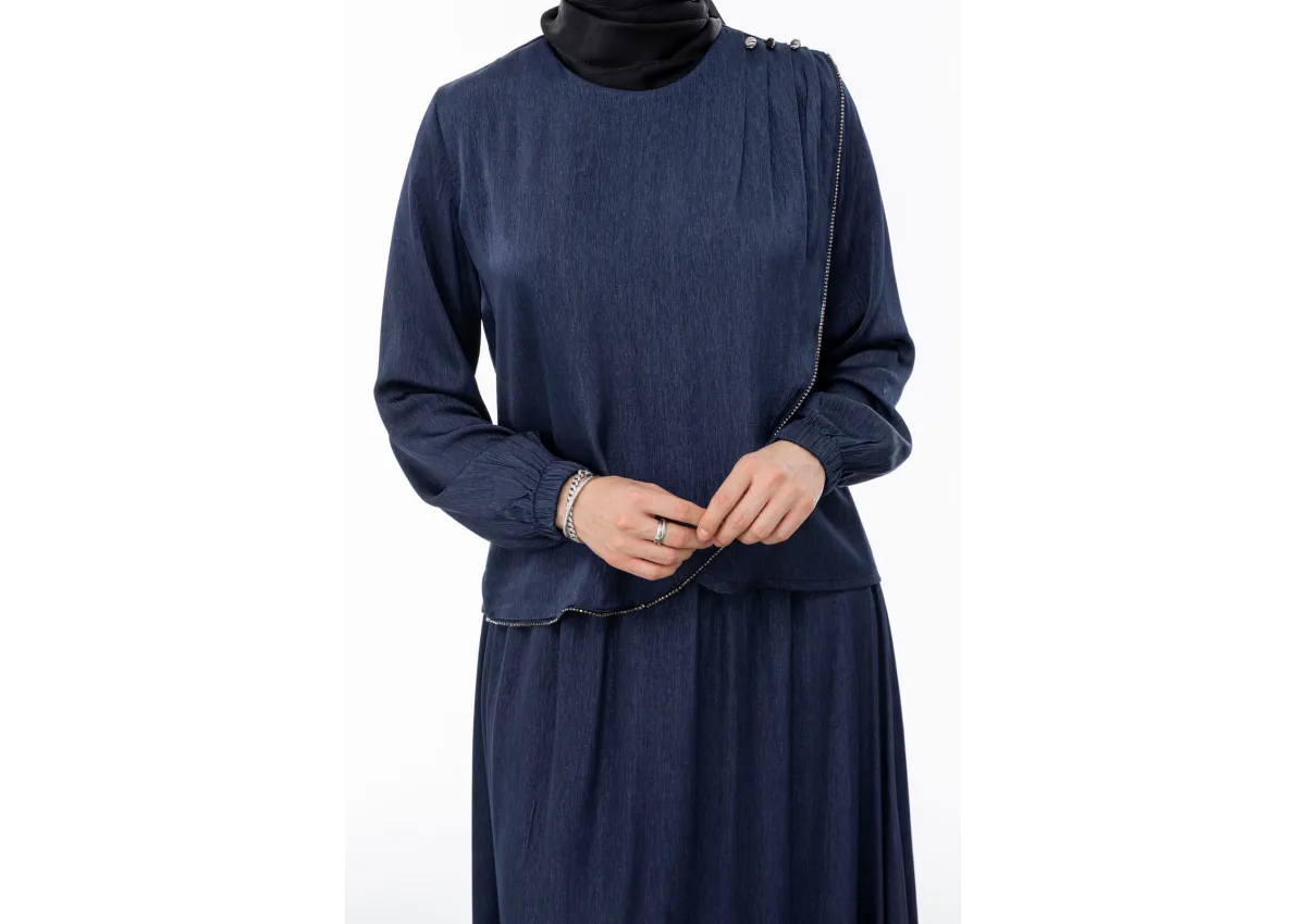 TAŞ BİYE DETAYLI ETEK TAKIM - LACİVERT - (Asorti: M-XXL)