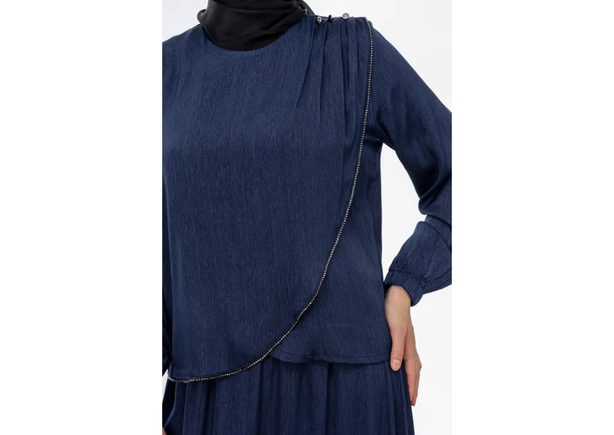 TAŞ BİYE DETAYLI ETEK TAKIM - LACİVERT - (Asorti: M-XXL)