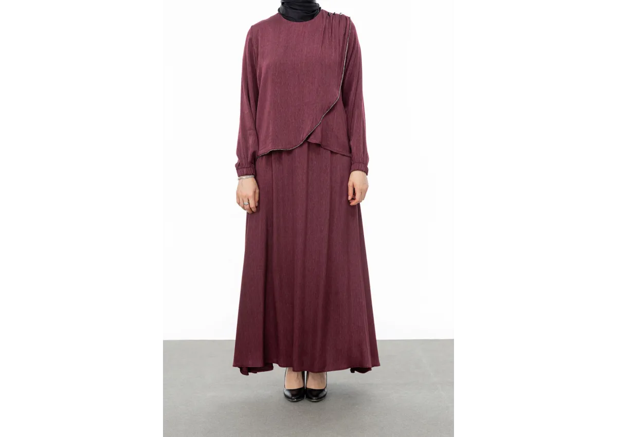 TAŞ BİYE DETAYLI ETEK TAKIM - BORDO - (Asorti: M-XXL)