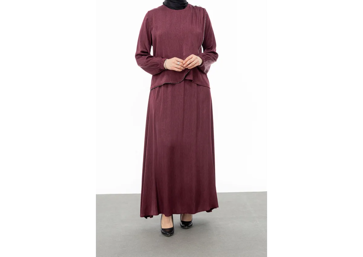 TAŞ BİYE DETAYLI ETEK TAKIM - BORDO - (Asorti: M-XXL)