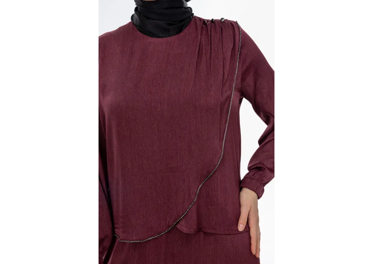 TAŞ BİYE DETAYLI ETEK TAKIM - BORDO - (Asorti: M-XXL)