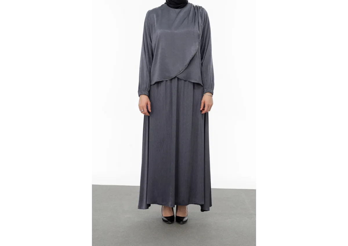 TAŞ BİYE DETAYLI ETEK TAKIM - GRİ - (Asorti: M-XXL)