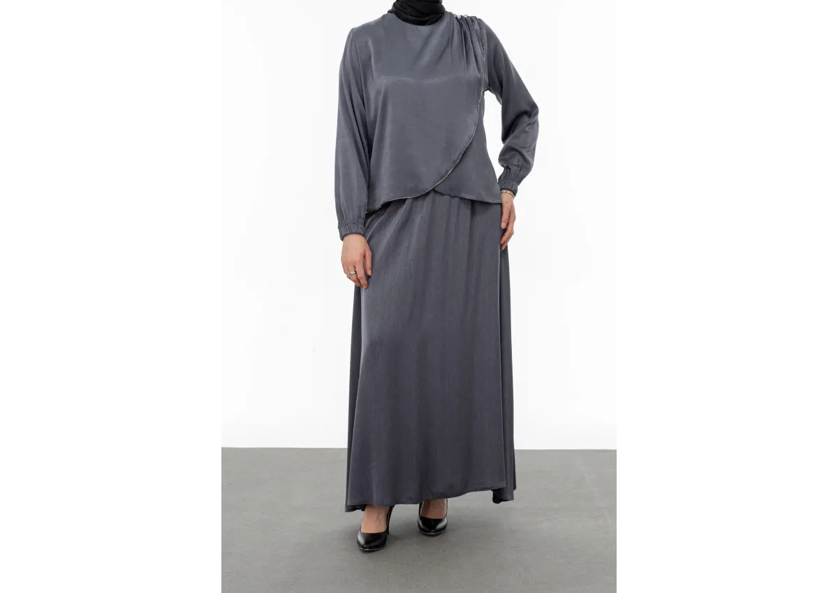 TAŞ BİYE DETAYLI ETEK TAKIM - GRİ - (Asorti: M-XXL)