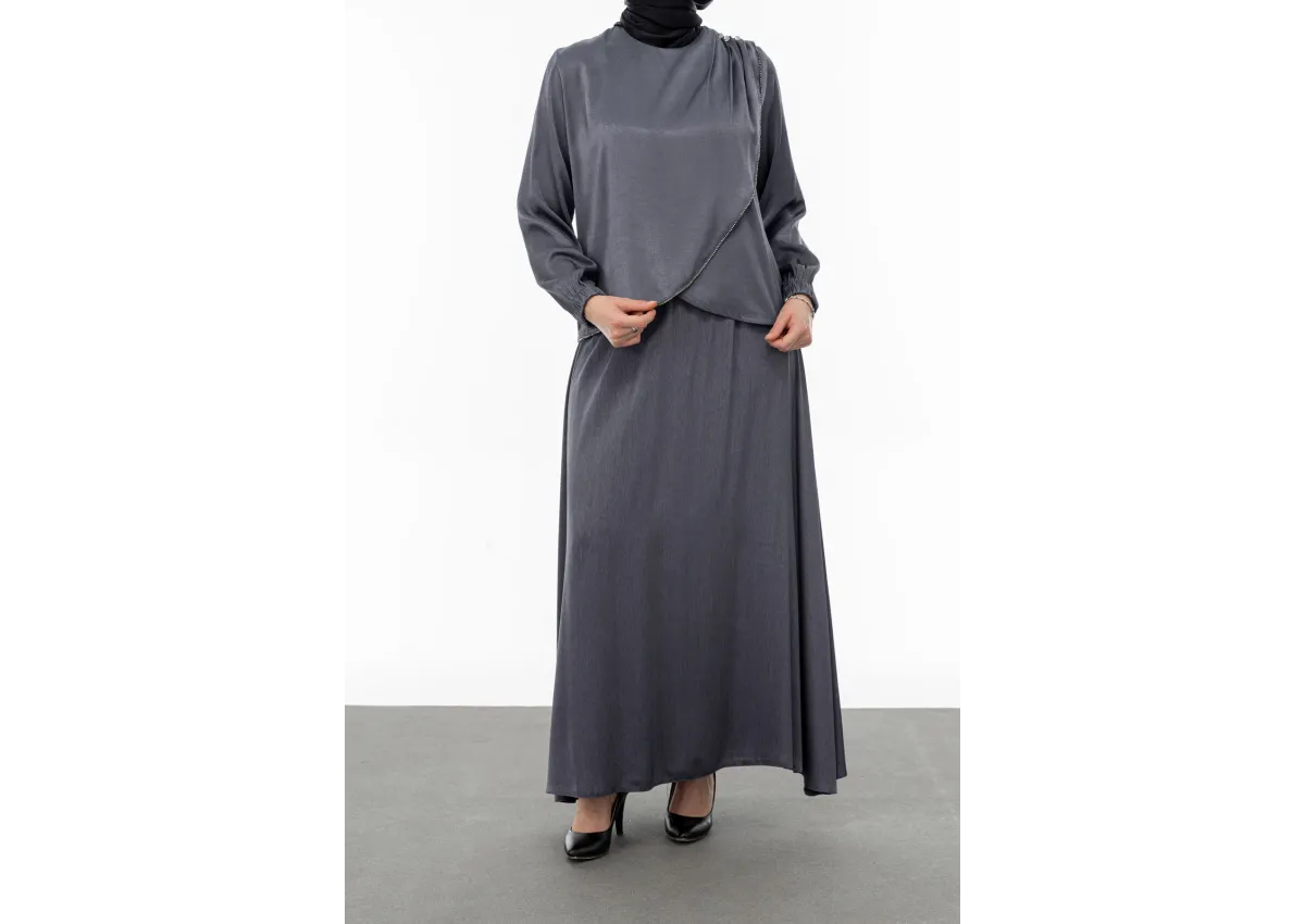 TAŞ BİYE DETAYLI ETEK TAKIM - GRİ - (Asorti: M-XXL)