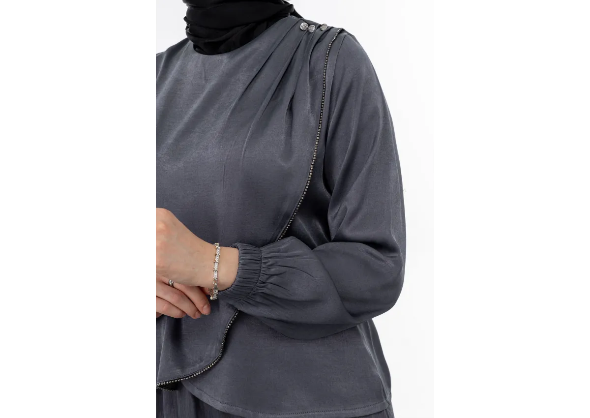 TAŞ BİYE DETAYLI ETEK TAKIM - GRİ - (Asorti: M-XXL)