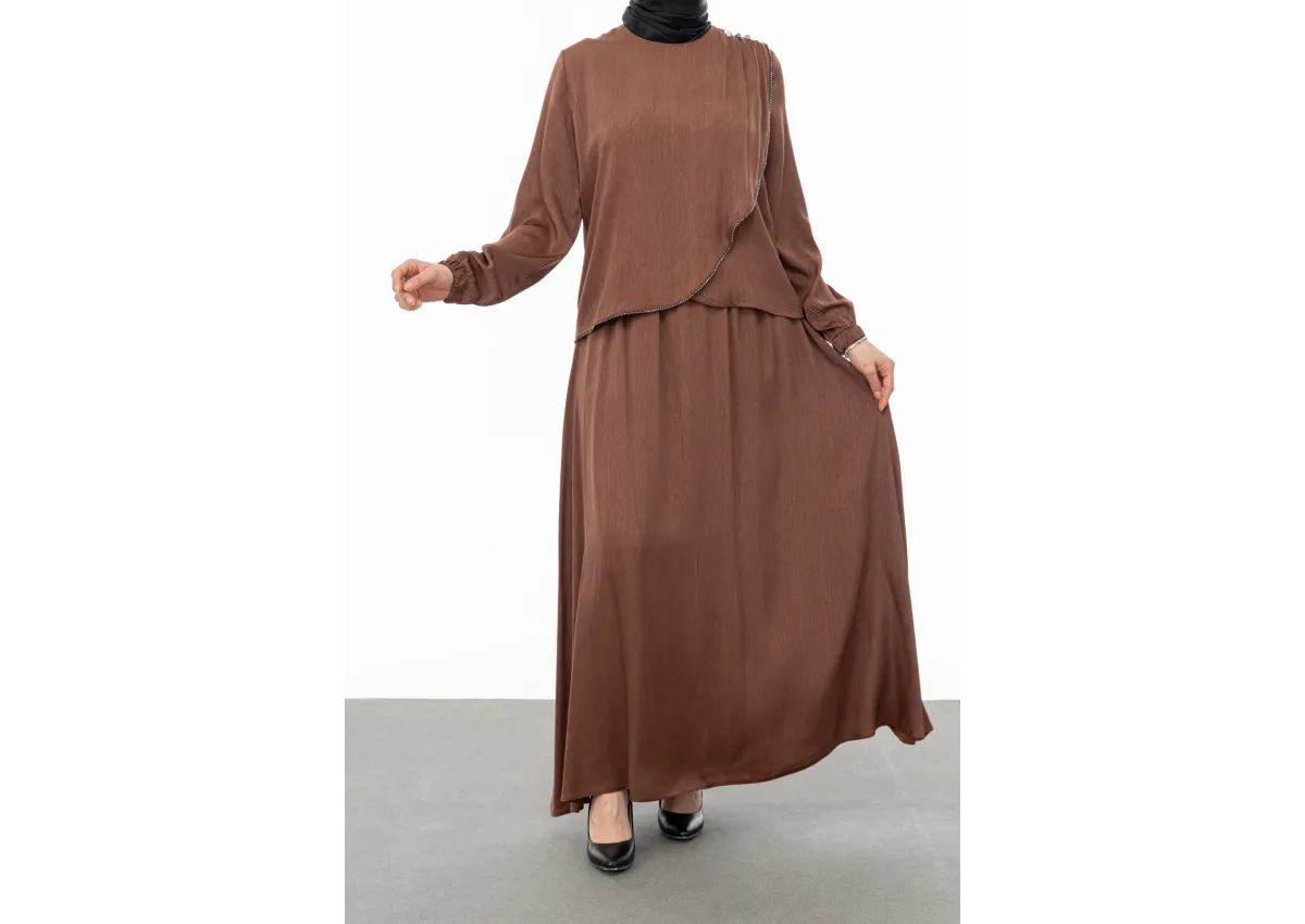 TAŞ BİYE DETAYLI ETEK TAKIM - TABA - (Asorti: M-XXL)