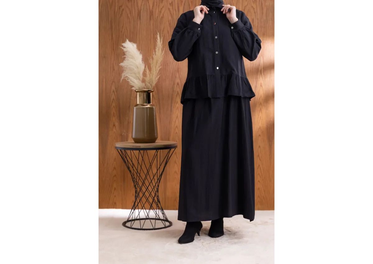 FIRFIR DETAYLI GÖMLEK YAKA ETEKLİ TAKIM - SİYAH - (Asorti: 46-52)