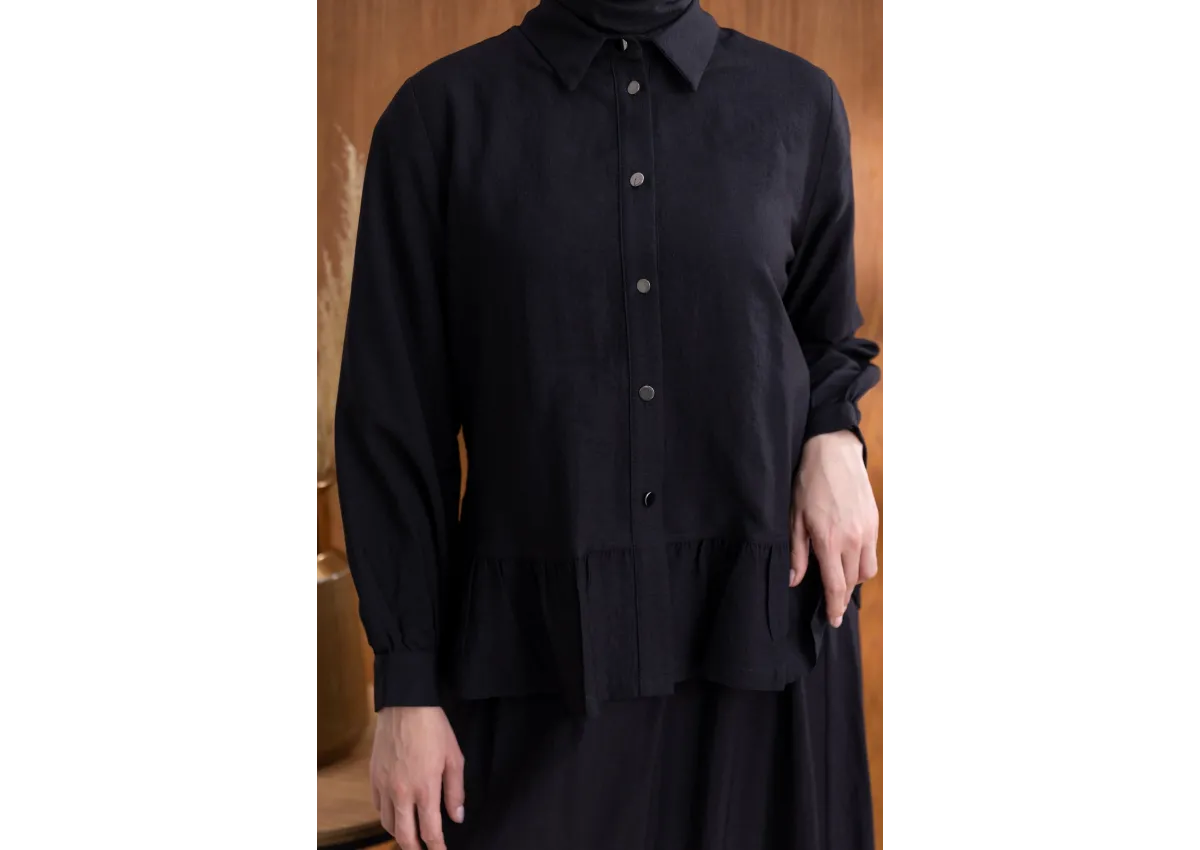 FIRFIR DETAYLI GÖMLEK YAKA ETEKLİ TAKIM - SİYAH - (Asorti: 46-52)