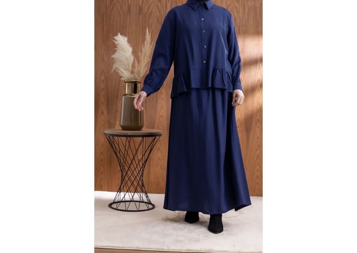 FIRFIR DETAYLI GÖMLEK YAKA ETEKLİ TAKIM - LACİVERT - (Asorti: 46-52)