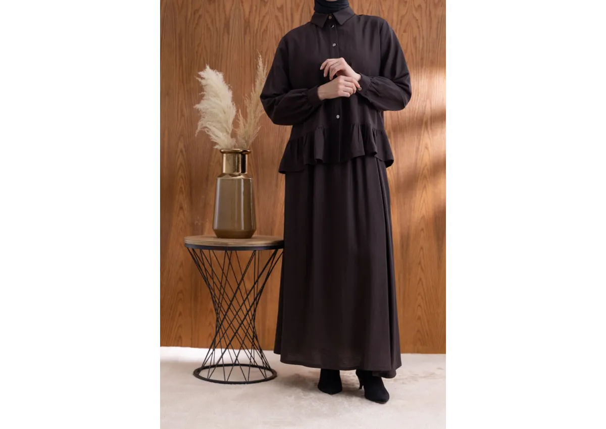 FIRFIR DETAYLI GÖMLEK YAKA ETEKLİ TAKIM - KAHVE - (Asorti: 46-52)