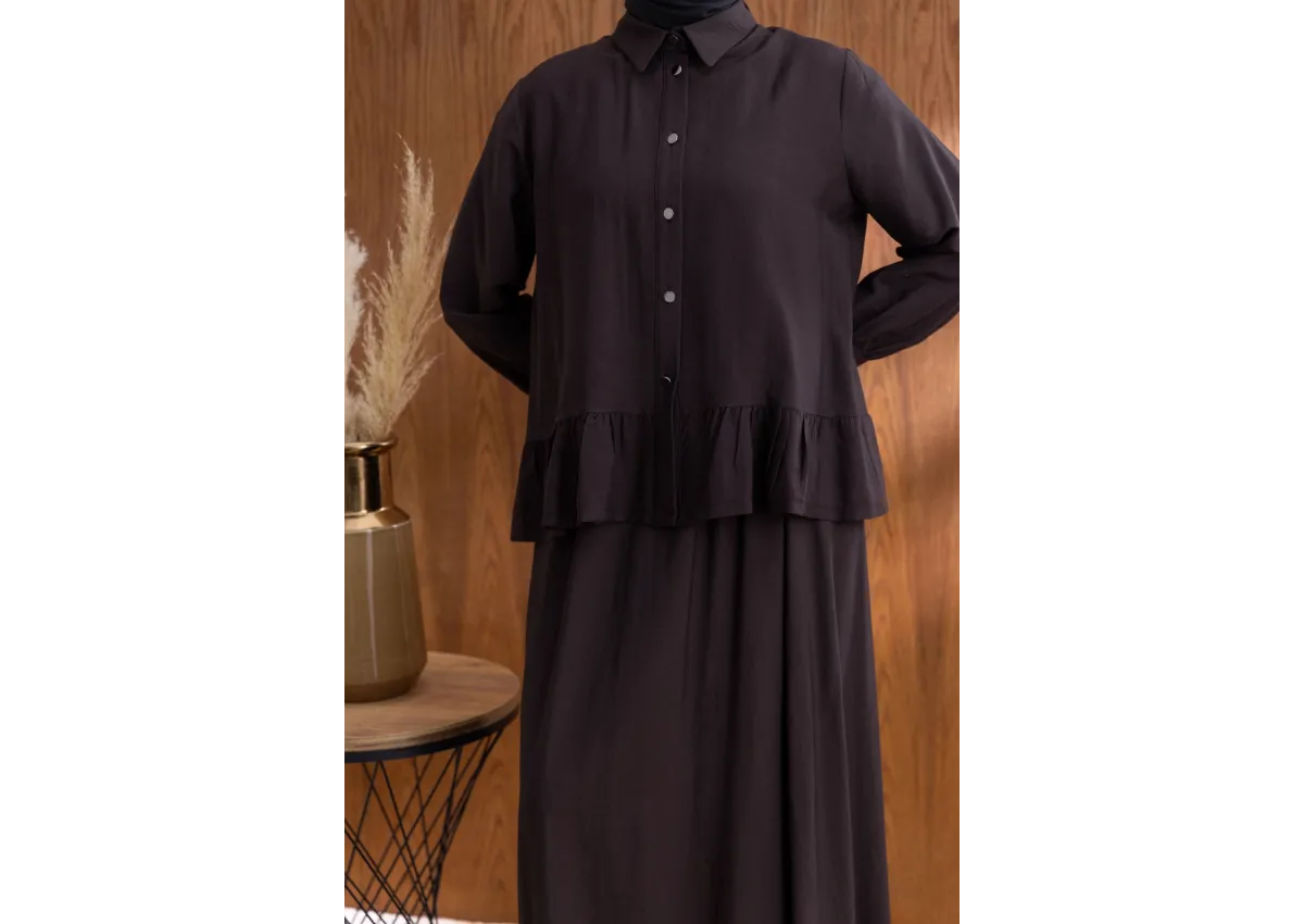 FIRFIR DETAYLI GÖMLEK YAKA ETEKLİ TAKIM - KAHVE - (Asorti: 46-52)