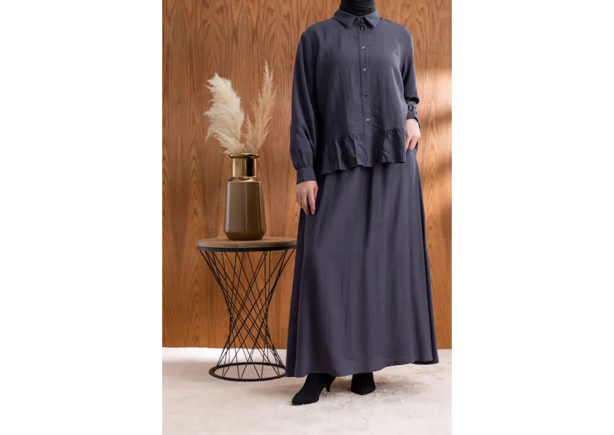 FIRFIR DETAYLI GÖMLEK YAKA ETEKLİ TAKIM - ANTRASİT - (Asorti: 46-52)