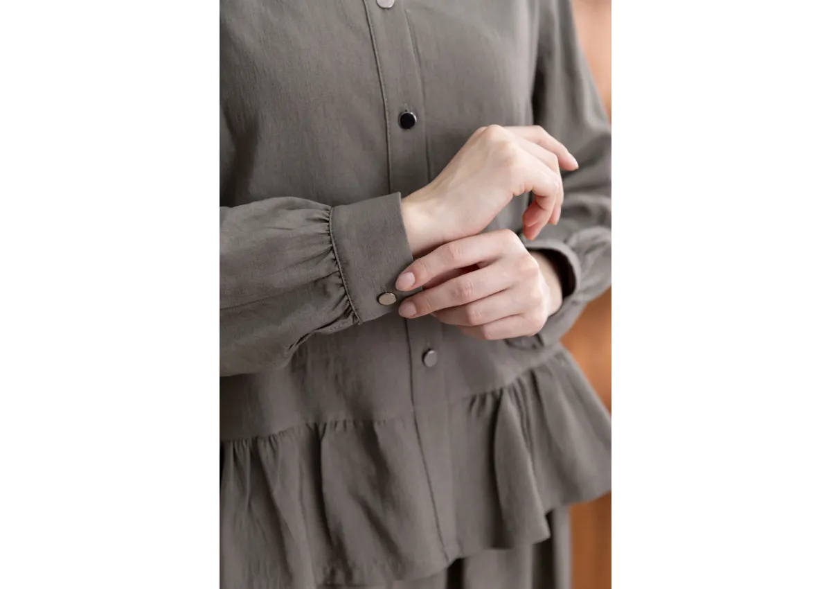 FIRFIR DETAYLI GÖMLEK YAKA ETEKLİ TAKIM - HAKİ - (Asorti: 46-52)