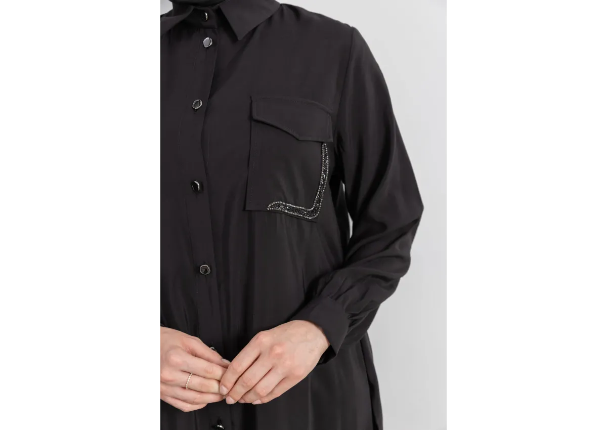 CEPLERİ TAŞ DETAYLI KUŞAKLI ARABOY - SİYAH - (Asorti: 46-52)