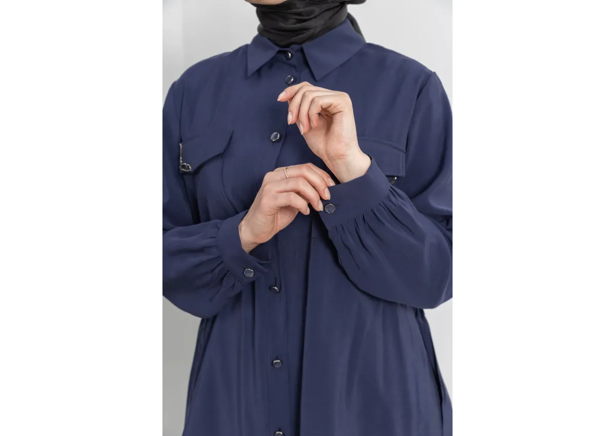 CEPLERİ TAŞ DETAYLI KUŞAKLI ARABOY - LACİVERT - (Asorti: 46-52)