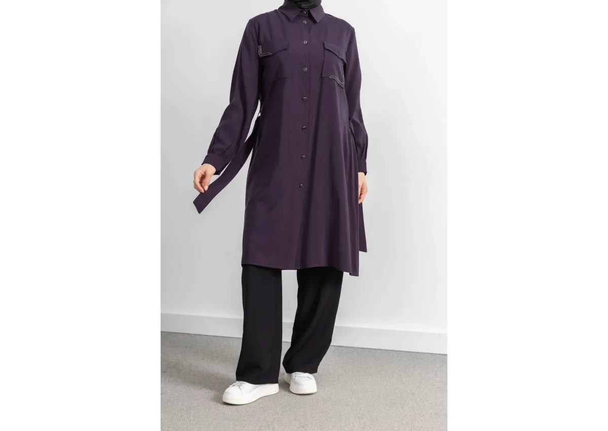 CEPLERİ TAŞ DETAYLI KUŞAKLI ARABOY - MÜRDÜM - (Asorti: 46-52)