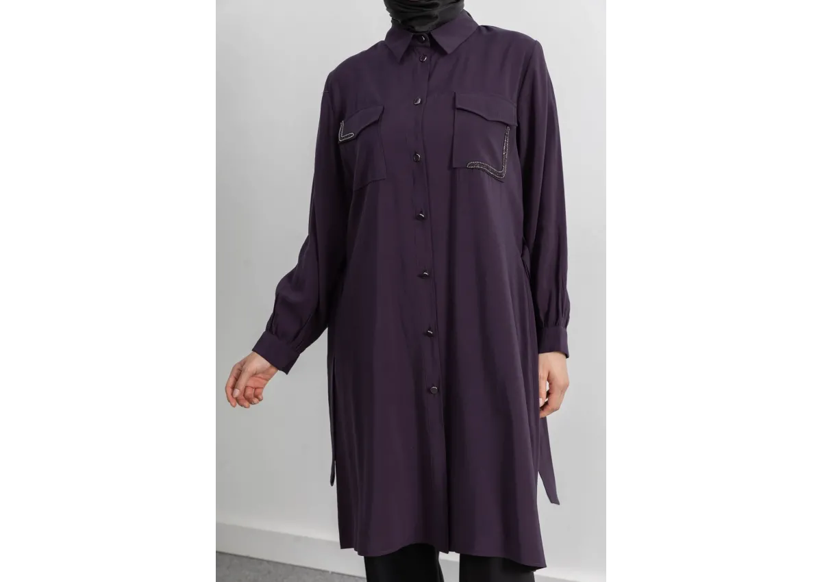 CEPLERİ TAŞ DETAYLI KUŞAKLI ARABOY - MÜRDÜM - (Asorti: 46-52)