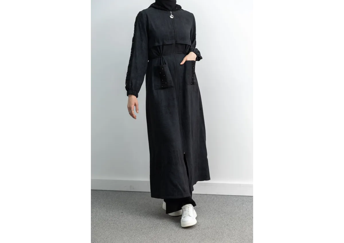 BÜZGÜ DETAYLI İNCİLİ SPOR FERACE - SİYAH - (Asorti: M-XXL)