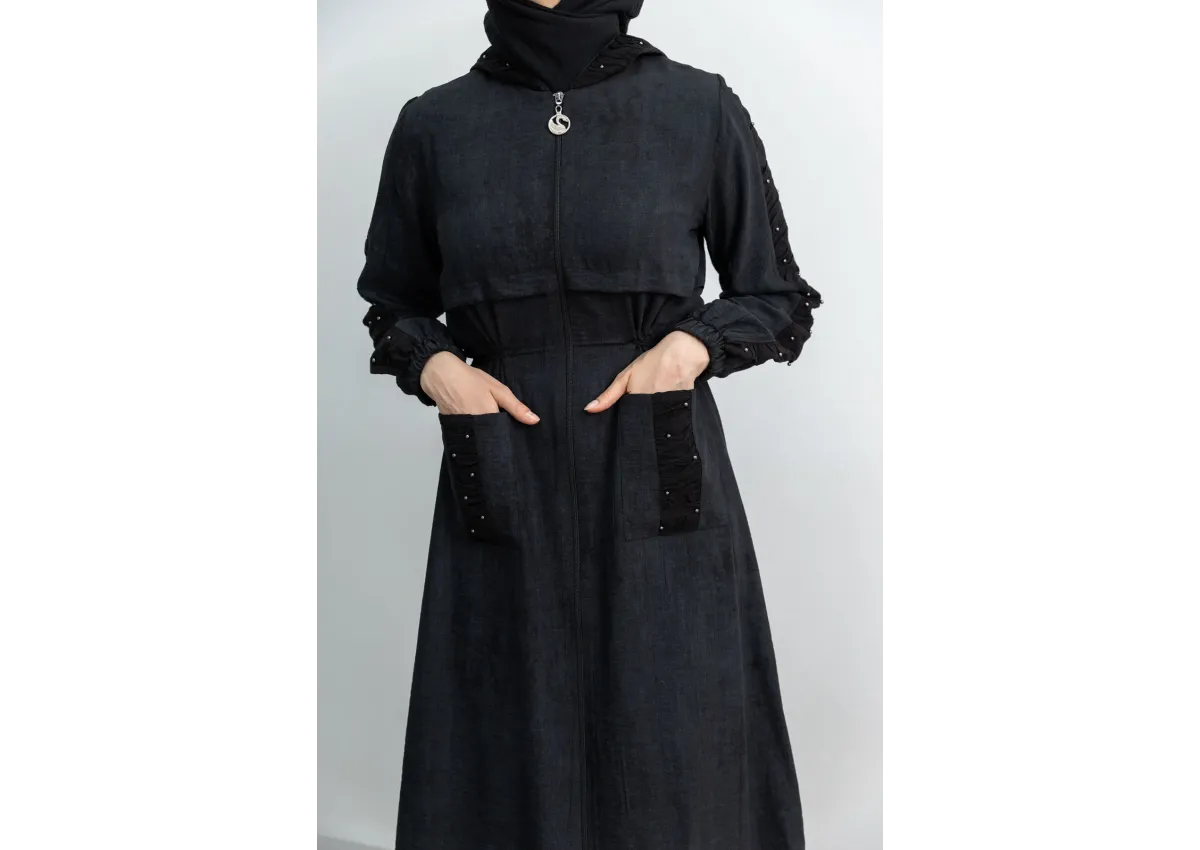 BÜZGÜ DETAYLI İNCİLİ SPOR FERACE - SİYAH - (Asorti: M-XXL)