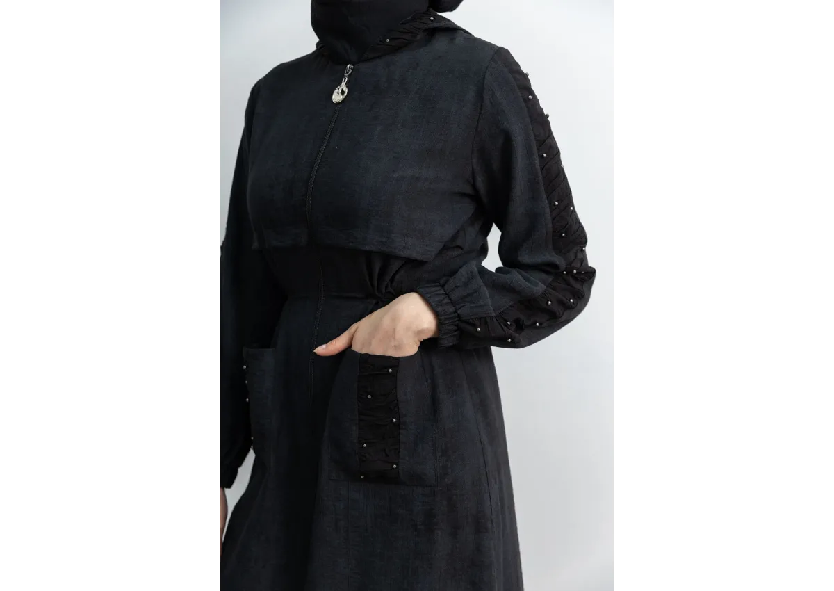 BÜZGÜ DETAYLI İNCİLİ SPOR FERACE - SİYAH - (Asorti: M-XXL)