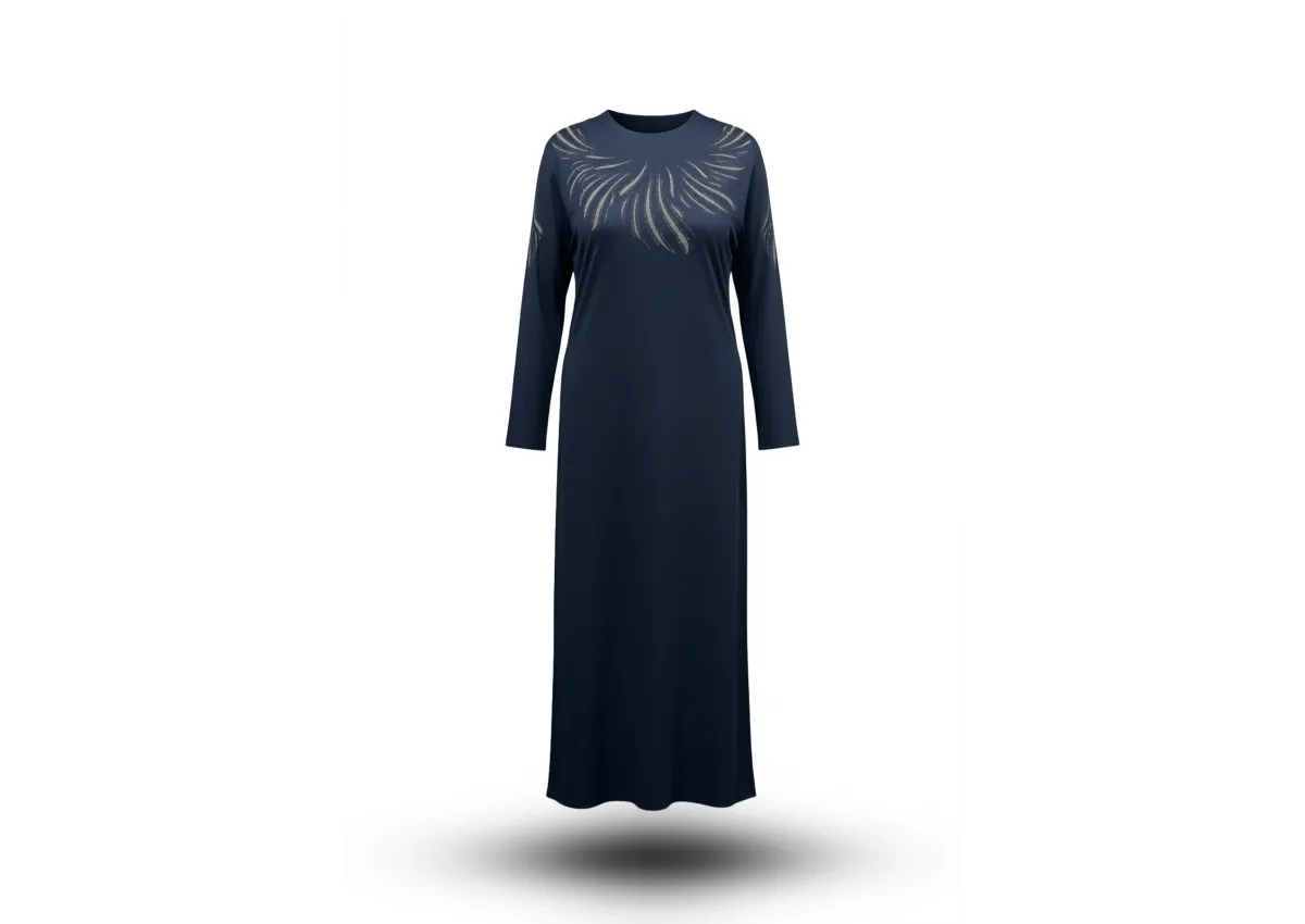 HESNA 8506 BASKILI ELBİSE - LACİVERT - (Asorti: 4-6)