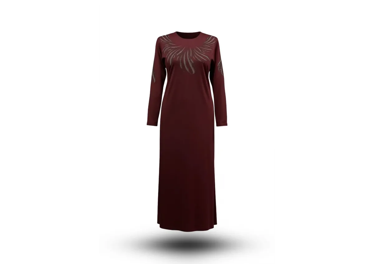 HESNA 8506 BASKILI ELBİSE - BORDO - (Asorti: 4-6)