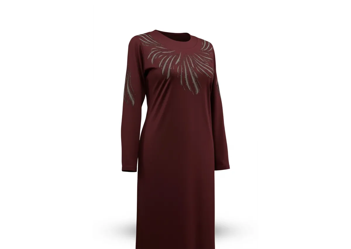 HESNA 8506 BASKILI ELBİSE - BORDO - (Asorti: 4-6)