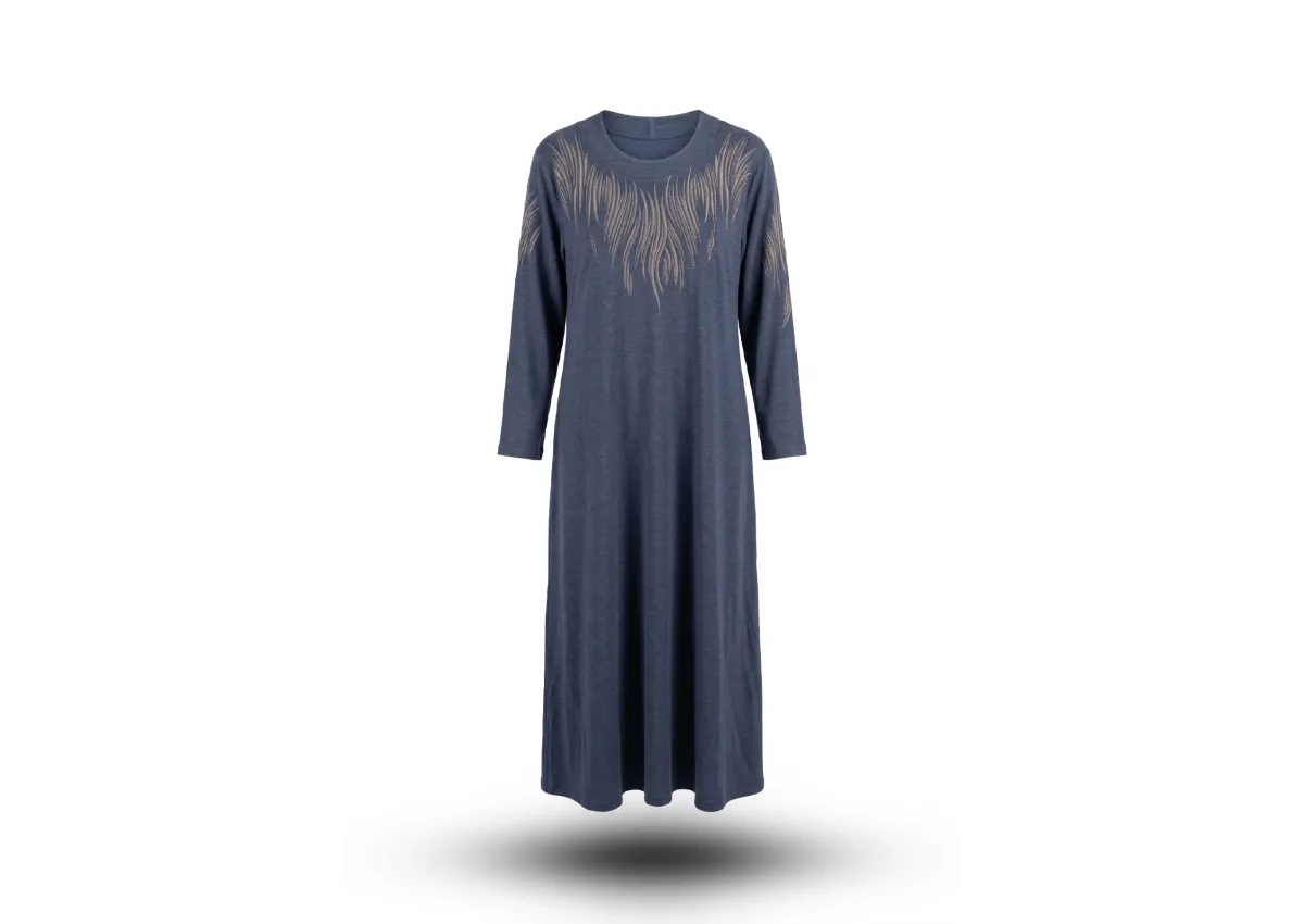 HESNA 8459 BASKILI ELBİSE - LACİVERT - (Asorti: 4-7)