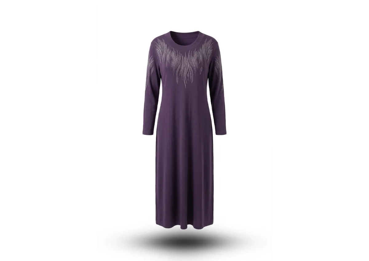 HESNA 8459 BASKILI ELBİSE - MÜRDÜM - (Asorti: 4-7)