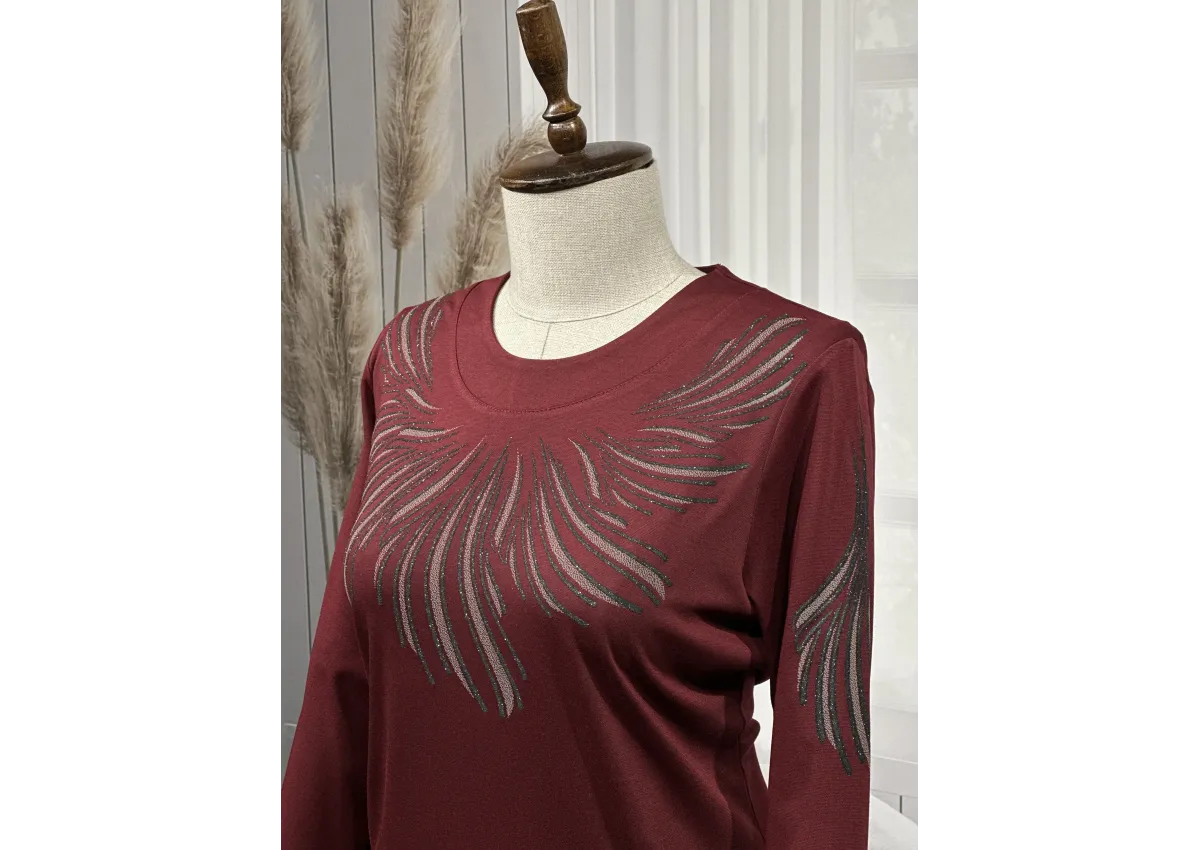 HESNA 8506 BASKILI ELBİSE - BORDO - (Asorti: 4-6)