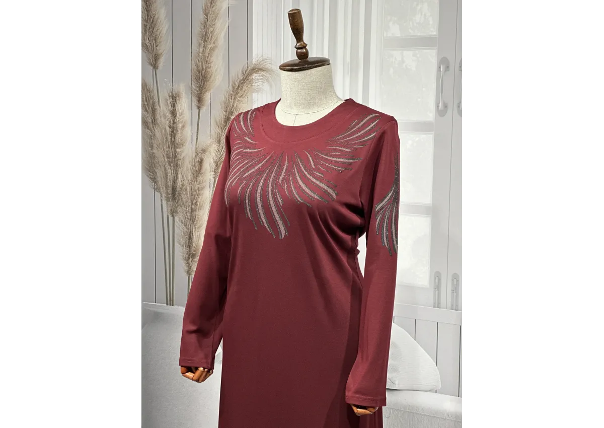 HESNA 8506 BASKILI ELBİSE - BORDO - (Asorti: 4-6)