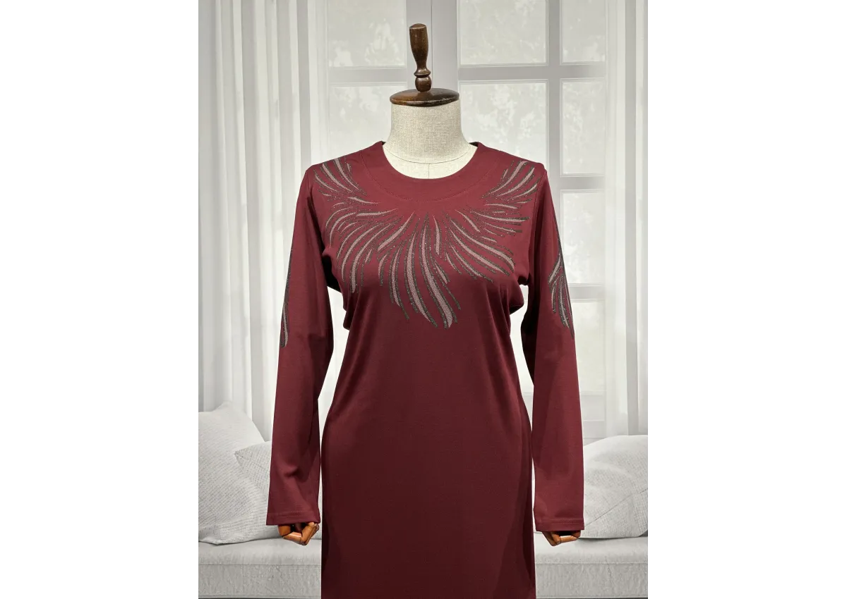 HESNA 8506 BASKILI ELBİSE - BORDO - (Asorti: 4-6)
