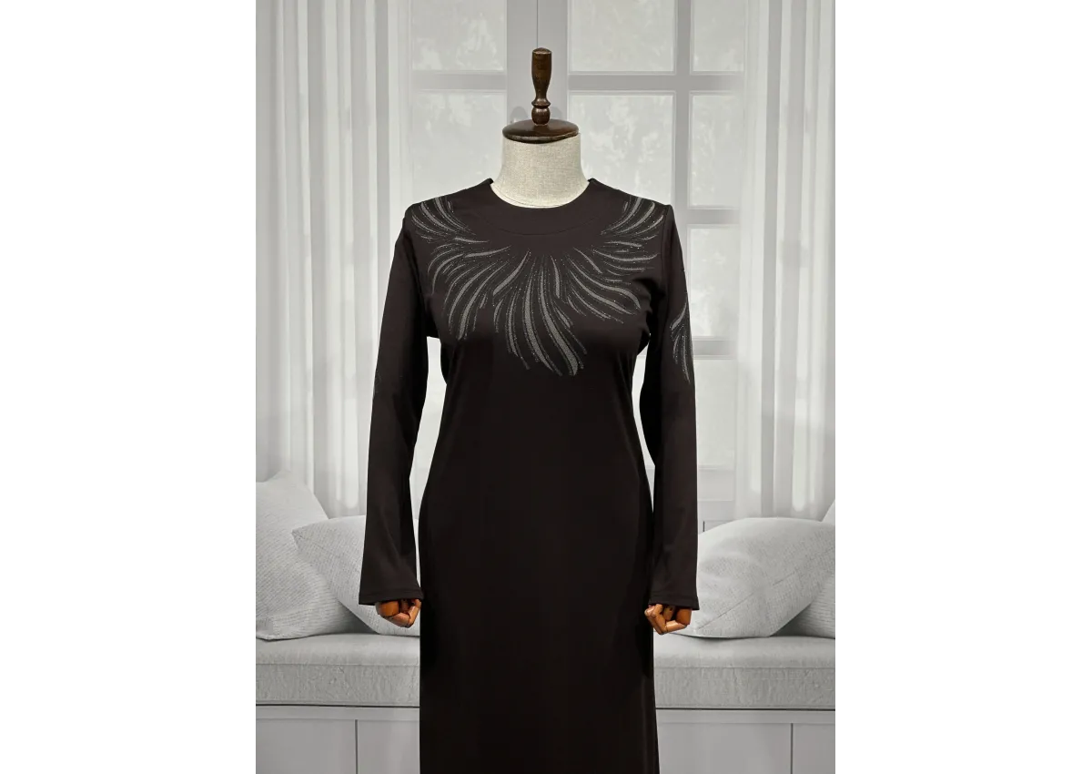 HESNA 8506 BASKILI ELBİSE - KAHVE - (Asorti: 4-6)