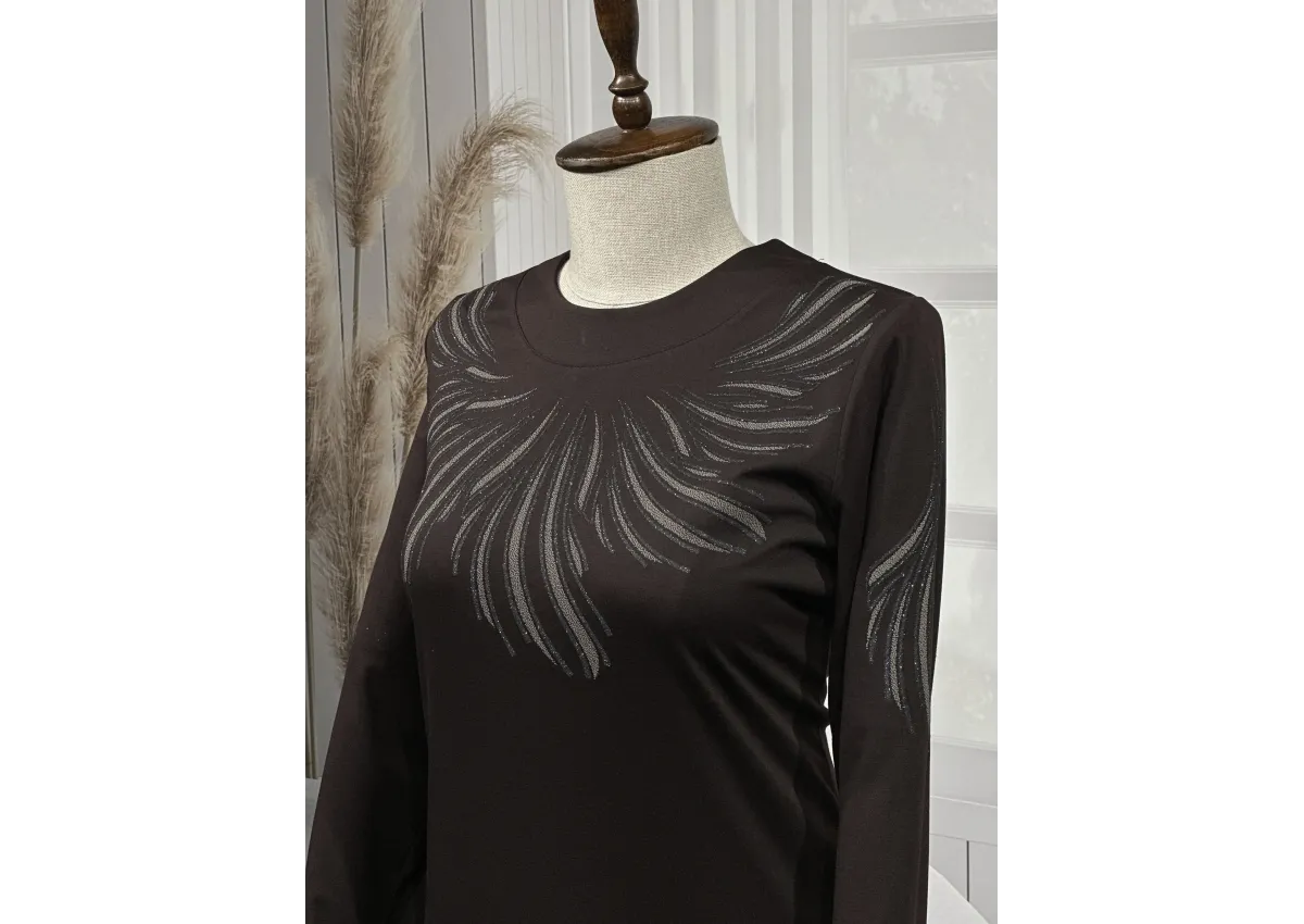 HESNA 8506 BASKILI ELBİSE - KAHVE - (Asorti: 4-6)