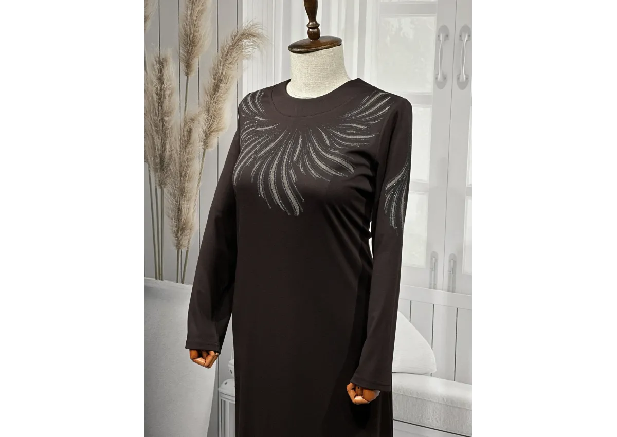 HESNA 8506 BASKILI ELBİSE - KAHVE - (Asorti: 4-6)