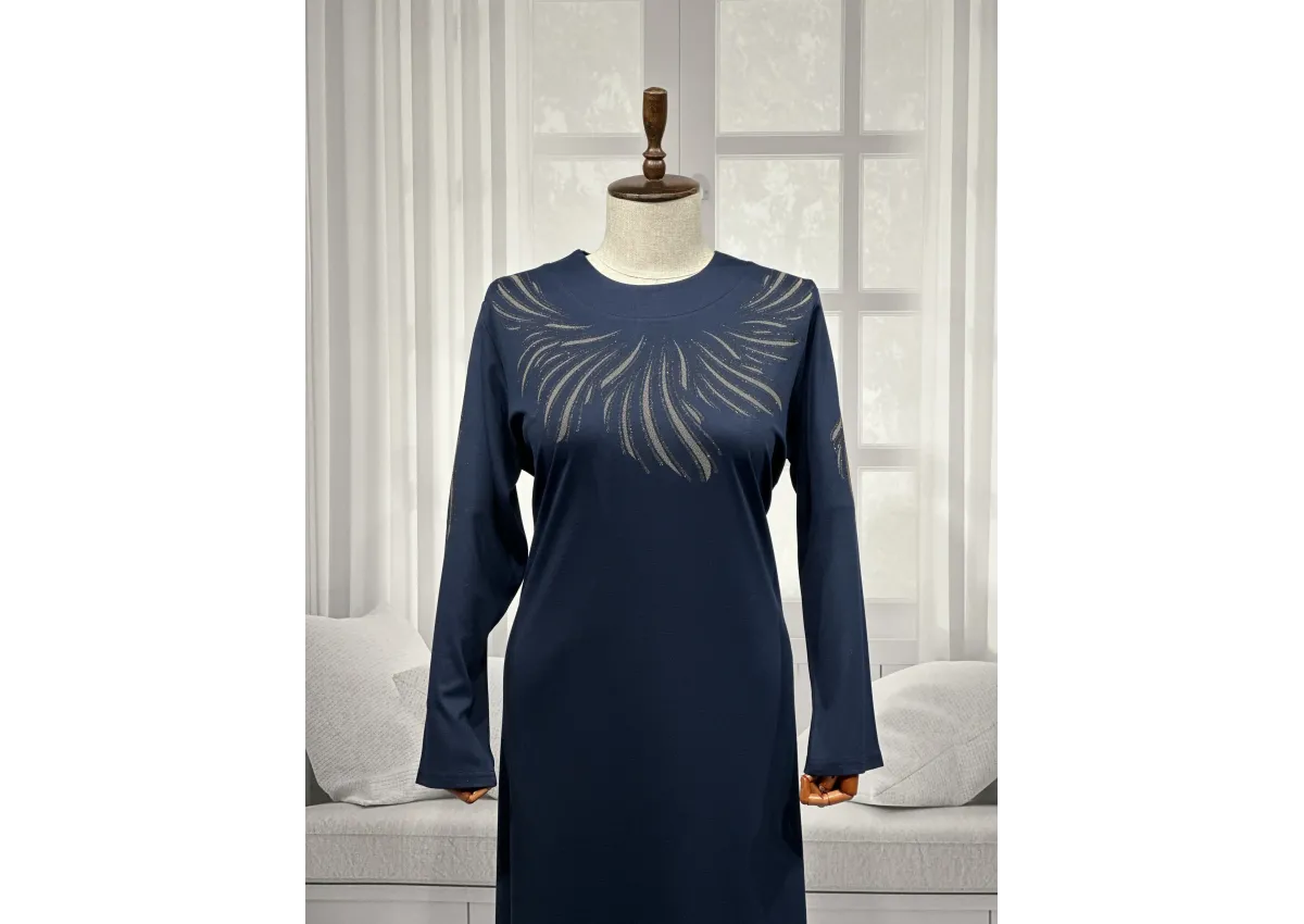 HESNA 8506 BASKILI ELBİSE - LACİVERT - (Asorti: 4-6)