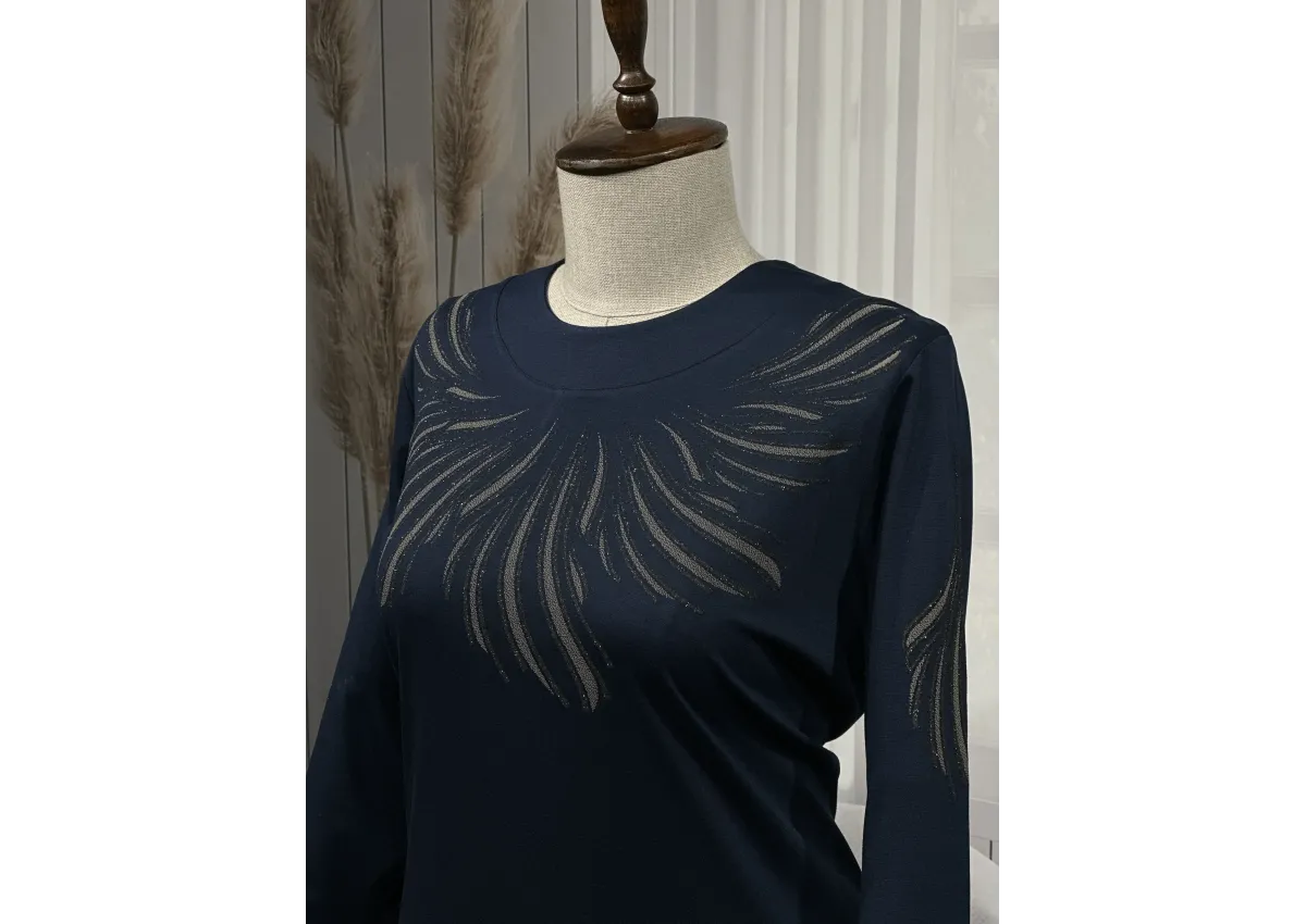 HESNA 8506 BASKILI ELBİSE - LACİVERT - (Asorti: 4-6)