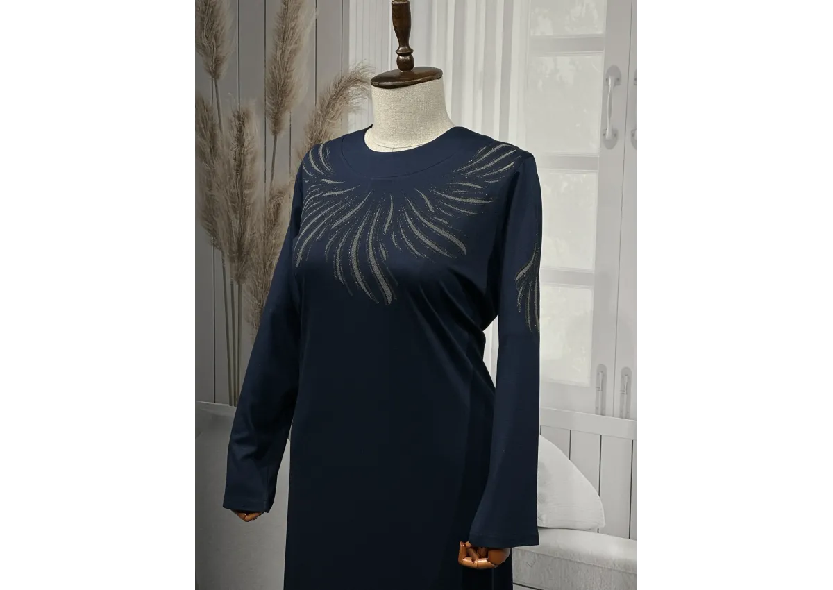 HESNA 8506 BASKILI ELBİSE - LACİVERT - (Asorti: 4-6)