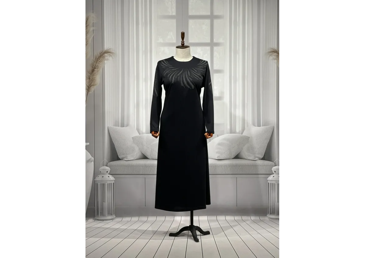 HESNA 8506 BASKILI ELBİSE - SİYAH - (Asorti: 4-6)