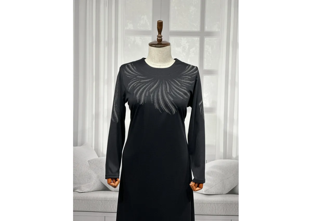 HESNA 8506 BASKILI ELBİSE - SİYAH - (Asorti: 4-6)