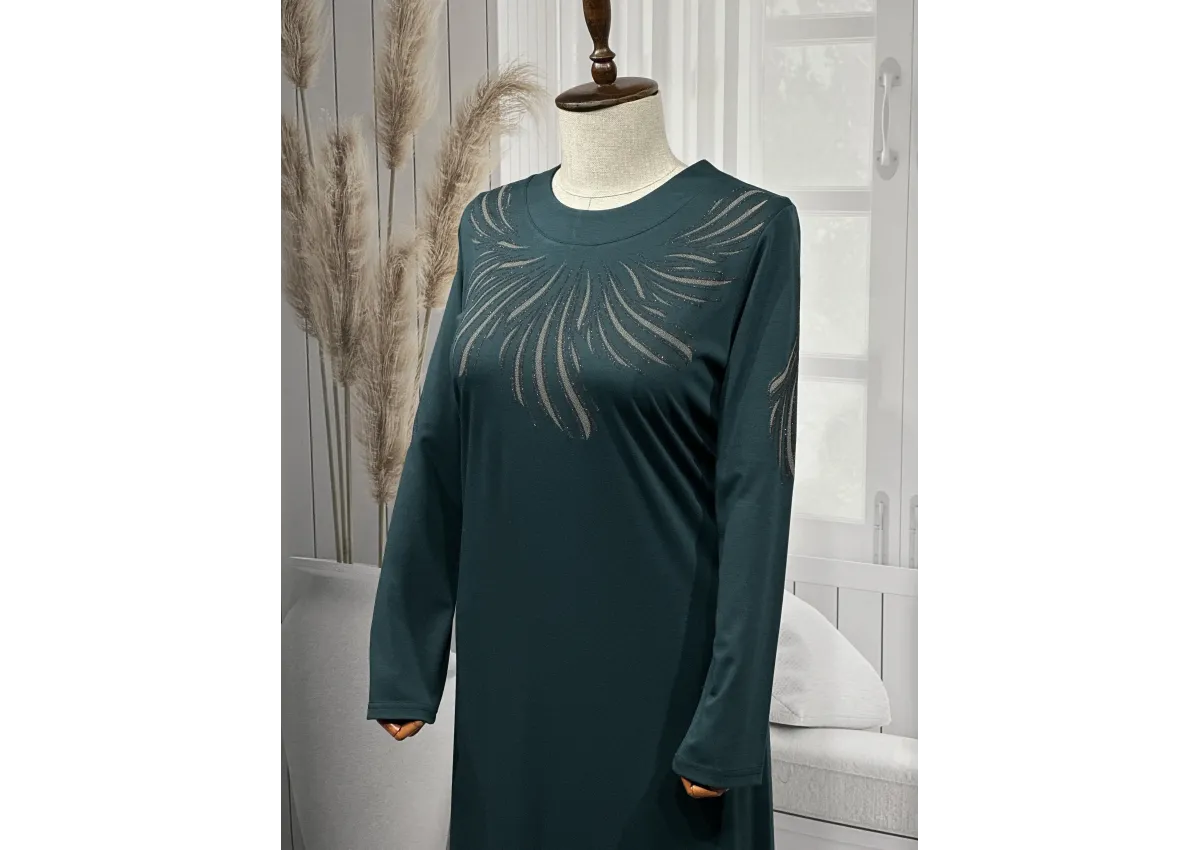 HESNA 8506 BASKILI ELBİSE - YEŞİL - (Asorti: 4-6)