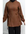 Letafet Şerit Detaylı Kapüşonlu Fermuarlı Ceket - KAHVE - (Asorti: S-XL)