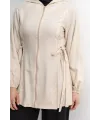 Letafet Şerit Detaylı Kapüşonlu Fermuarlı Ceket - KREM - (Asorti: S-XL)